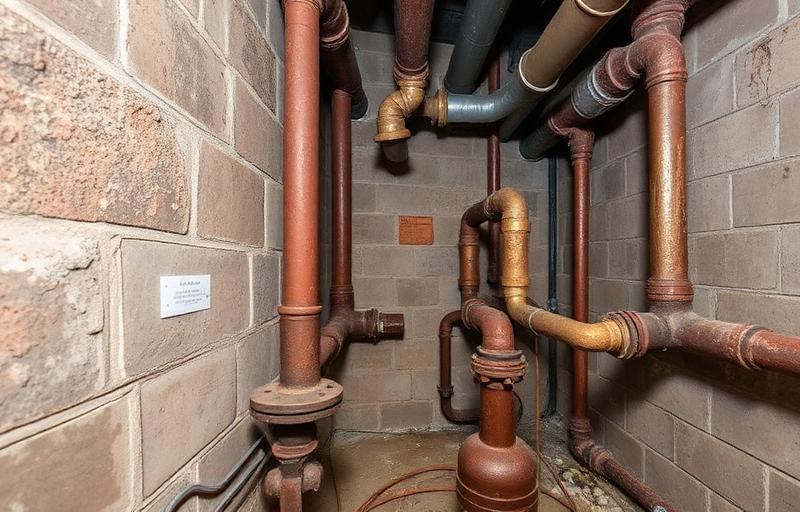 Canalisations anciennes en fonte et cuivre dans un sous-sol
