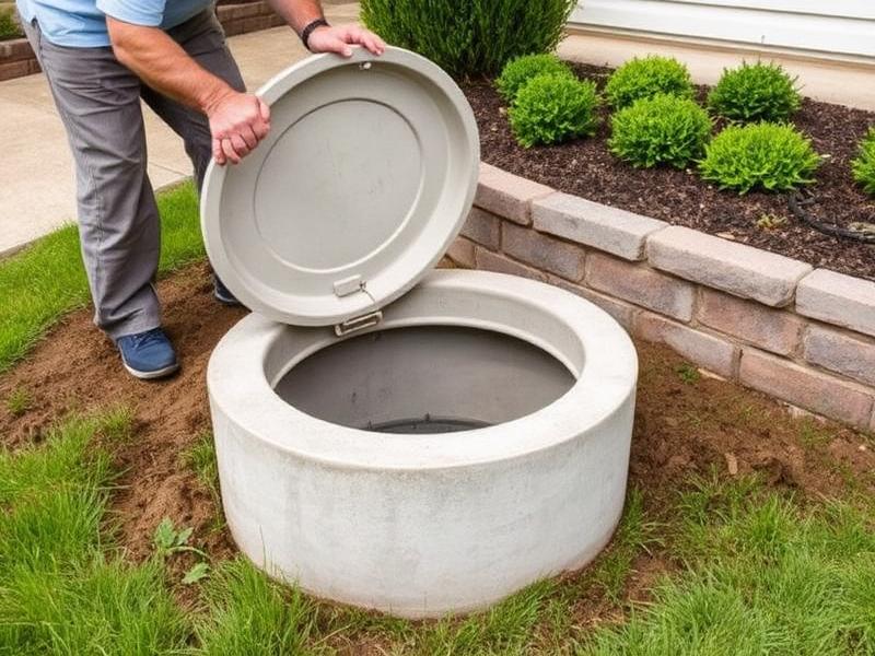 Fosse septique ouverte pour inspection dans un jardin résidentiel