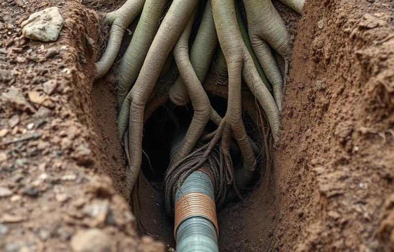 Racines d'arbres envahissant une canalisation souterraine
