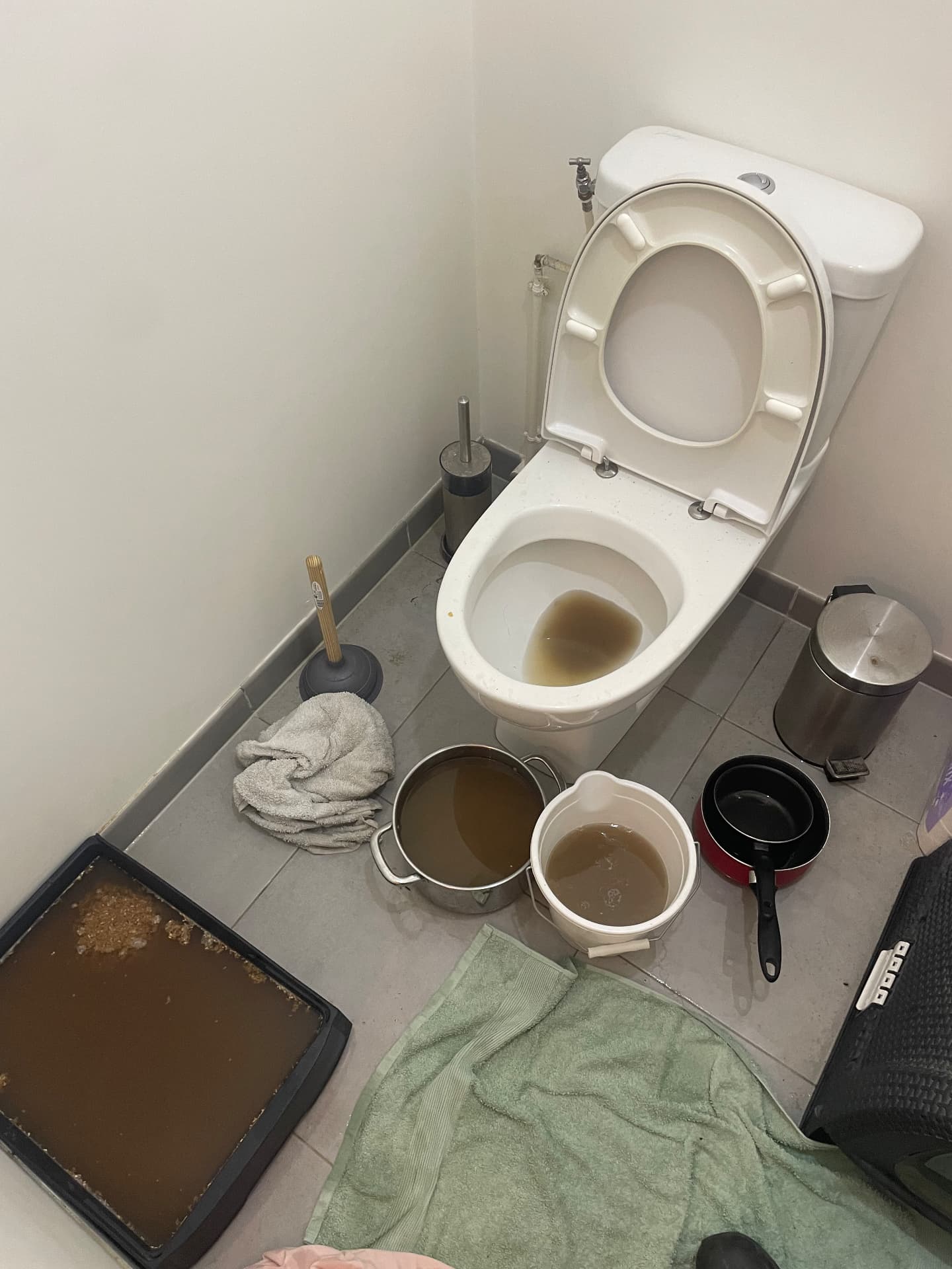 Refoulement de WC : eaux usées évacuées manuellement par le client — Paris 17ᵉ